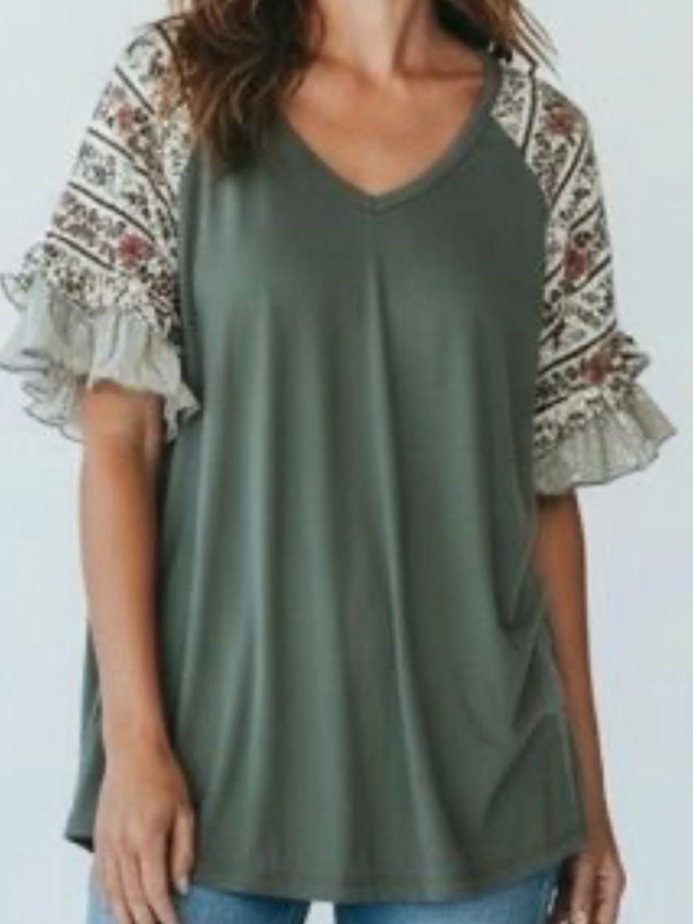 V-Neck Olive Tunic with Printed Ruffle Sleeves